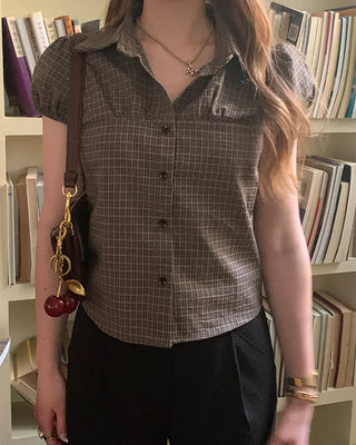 Checked cap-sleeve shirt blouse