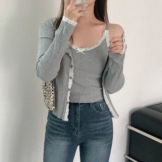 [SET] Lace Sleeveless Cardigan Set