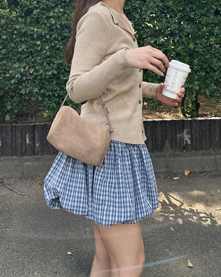 Belted check balloon mini skirt