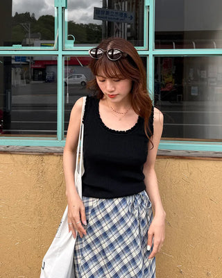 Checked banded long skirt