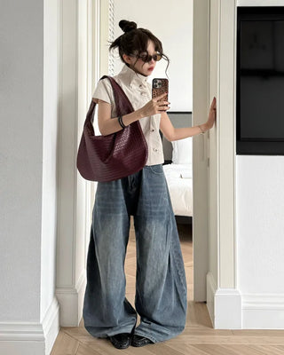 Cap-sleeve button-up high-neck blouse