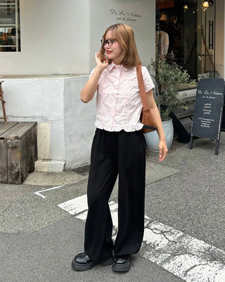 Checked pintuck detail short-sleeved blouse