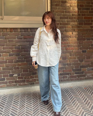 Asymmetrical wide-leg denim pants
