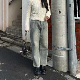 Fleece-lined wide-leg denim pants