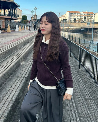 High-neck layered button knit