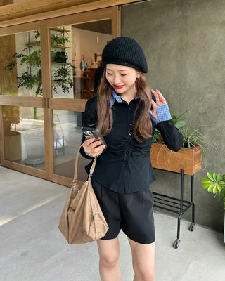 Checked layered gathered cardigan