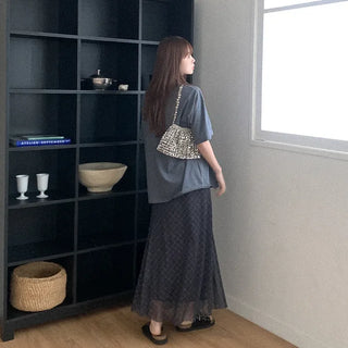 Checked mesh long skirt