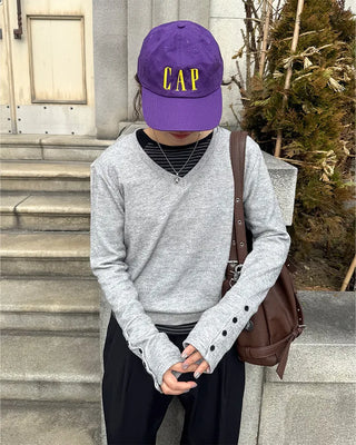 Sleeve Button V-Neck Long T-Shirt