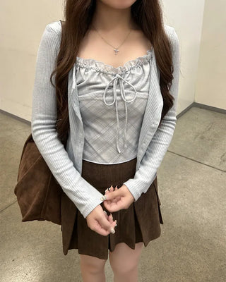 Check sleeveless cardigan set