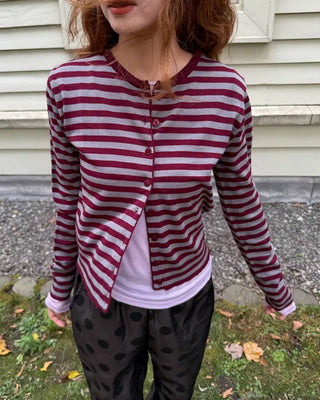 Round neck striped knit cardigan