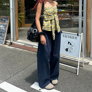 Checked Ribbon Shirt Tube Top
