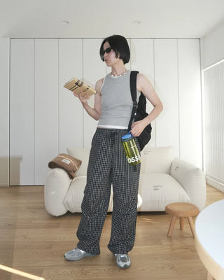 Checked parachute pants