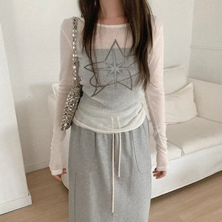 Printed sheer long-sleeved T-shirt