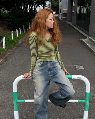 Keyhole neckline striped long-sleeve knit
