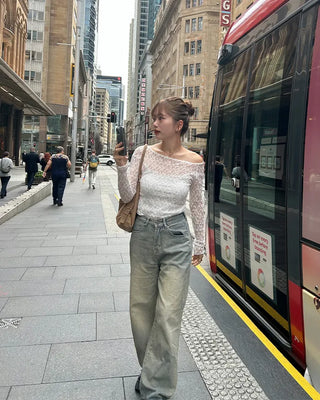 See-through lace long-sleeve T-shirt