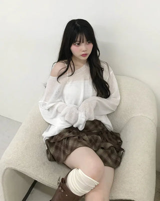Ribbon check tiered mini skirt