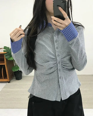 Checkered shirt layered gathered cardigan