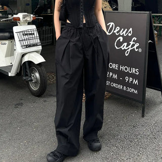 Unisex wide-leg elastic waist pants with two pleats