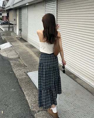 Checked frill long skirt