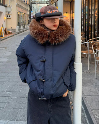 Button-up hooded fur padded jacket