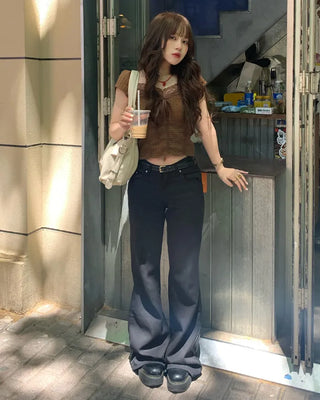 Low-waist semi-wide cotton pants