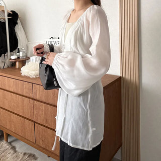 Deep V-neck sheer blouse
