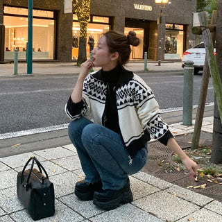 Nordic pattern knit zip-up
