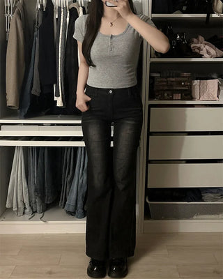 Button-down U-neck short-sleeved T-shirt