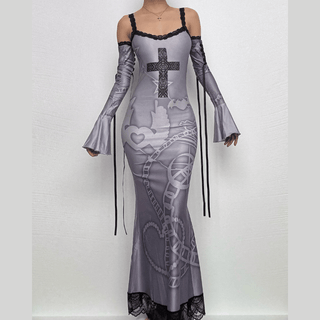 Long flared sleeve off shoulder cross print lace cami maxi dress-final-sale