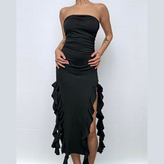 Solid slit irregular ruffle ribbon backless tube midi dress