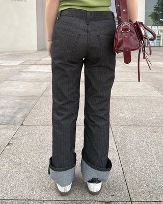 Low-rise striped flare denim pants