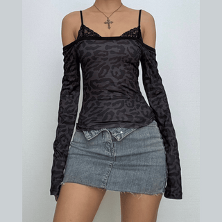 Leopard print long sleeve lace hem off shoulder top