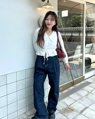 Big collar shirred waist blouse