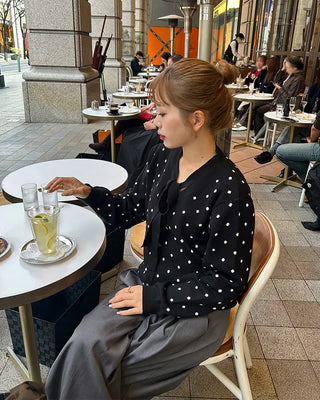 Polka Dot Ribbon Tie Knit Cardigan