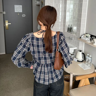 2-way check peplum blouse