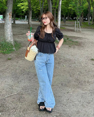 Ribbon Shirred Off-Shoulder Blouse