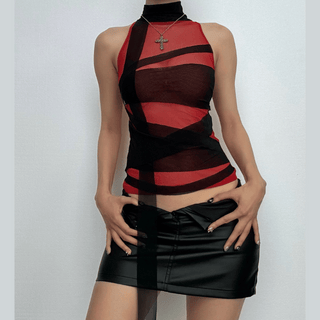 High neck sheer mesh patchwork top