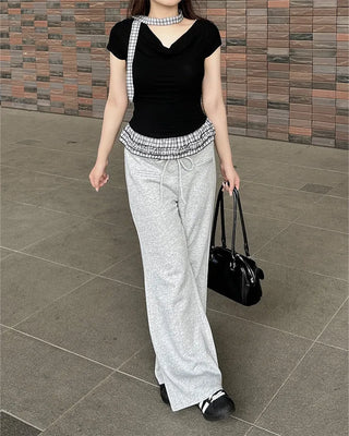 Checked frill shirred half-sleeve T-shirt