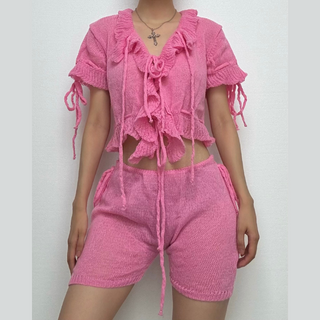 Short sleeve ruffle knitted drawstring ruched pant set