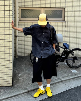 Stitched denim half-sleeve shirt
