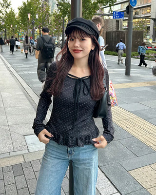 Ribbon Tie Dot Frill T-Shirt