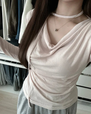 Drape neck strap point long sleeve shirt