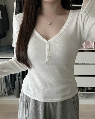 V-neck perforated button long-sleeve shirt