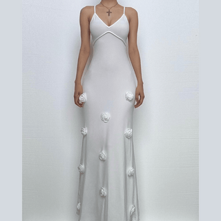 V neck flower applique cross back cami maxi dress