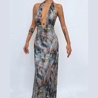 Halter v neck backless contrast maxi dress