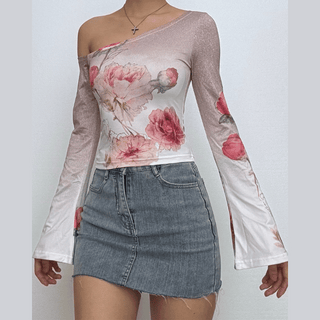 Long sleeve one shoulder flower print gradient top