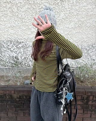 Half-neck striped long-sleeve T-shirt