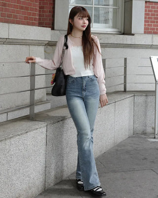 Washed denim bootcut pants