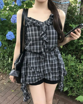 V-neck checkered ruffle camisole