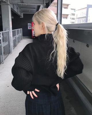 Asymmetrical pleated knit zip-up